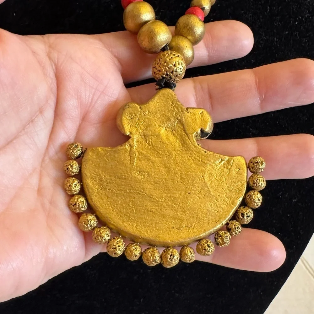 Terracotta Necklace Indian Bollywood Style Gold Red Temple Wedding Jewelry - Picture 7 of 16
